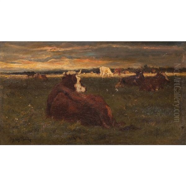 Cows Resting Oil Painting by Emile Van Marcke De Lumman