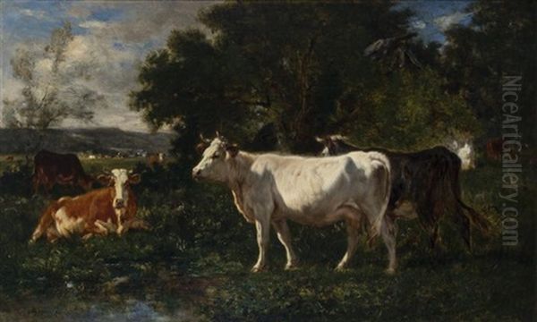 Cows By A Pond Oil Painting by Emile Van Marcke De Lumman