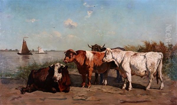 Resting Cows At The Water's Edge Oil Painting by Emile Van Marcke De Lumman