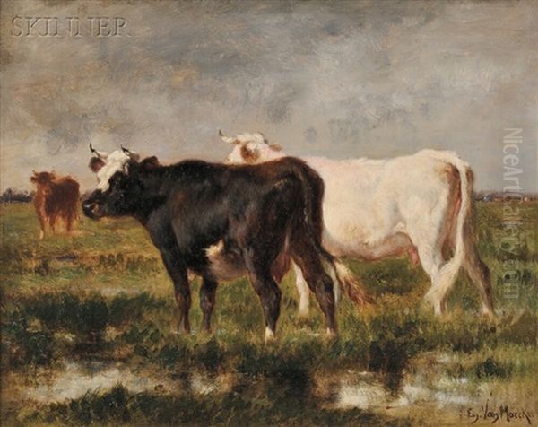 Cows In A Landscape Oil Painting by Emile Van Marcke De Lumman