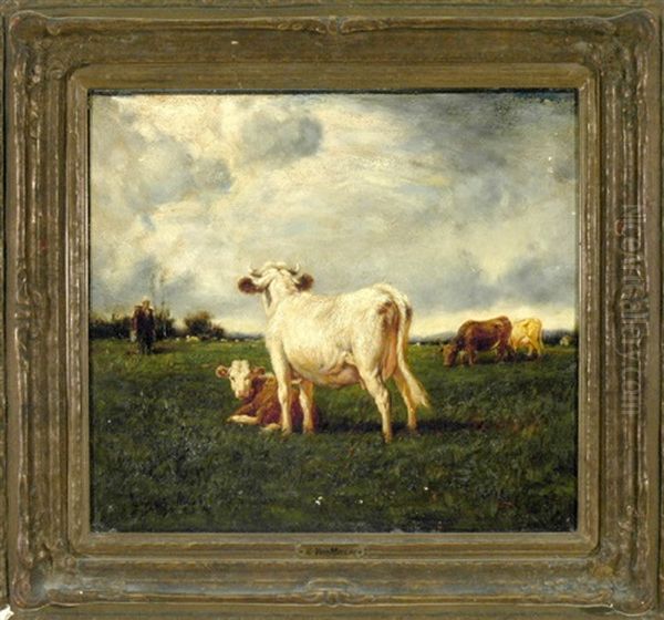 Bauer Mit Kuhen Auf Der Weide Oil Painting by Emile Van Marcke De Lumman