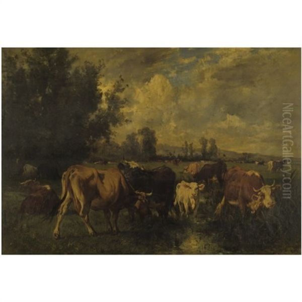 Cattle In A Field Oil Painting by Emile Van Marcke De Lumman