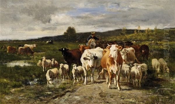 Abendlicher Heimtrieb Der Herde Oil Painting by Emile Van Marcke De Lumman
