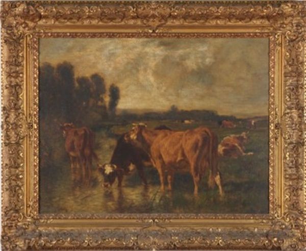Cattle Grazing Oil Painting by Emile Van Marcke De Lumman