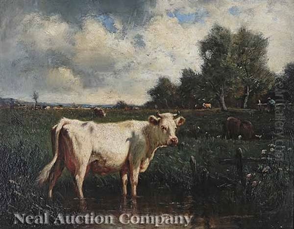 Cow By The Stream Oil Painting by Emile Van Marcke De Lumman