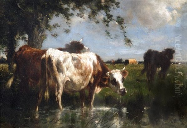 Cattle Beneath A Shade Tree Oil Painting by Emile Van Marcke De Lumman