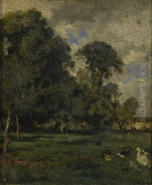Landschaft Mit Enten Oil Painting by Emile Van Marcke De Lumman