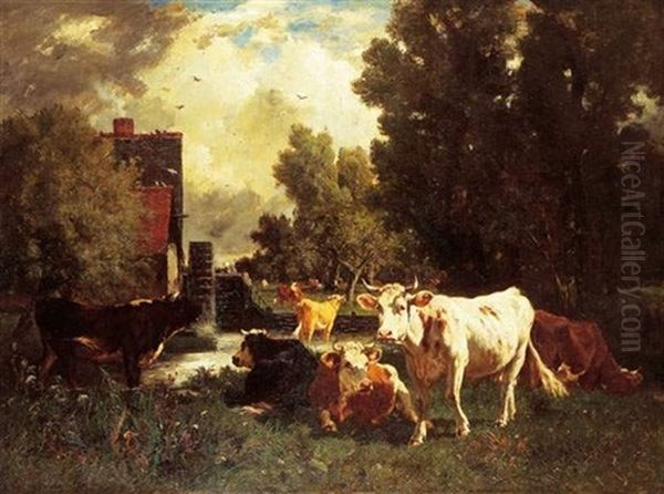 Vaches Aupres D'un Moulin Oil Painting by Emile Van Marcke De Lumman