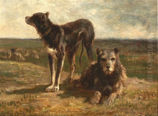 Hunde Auf Dem Feld,  Im Hintergrund Weidende Schafe Oil Painting by Emile Van Marcke De Lumman