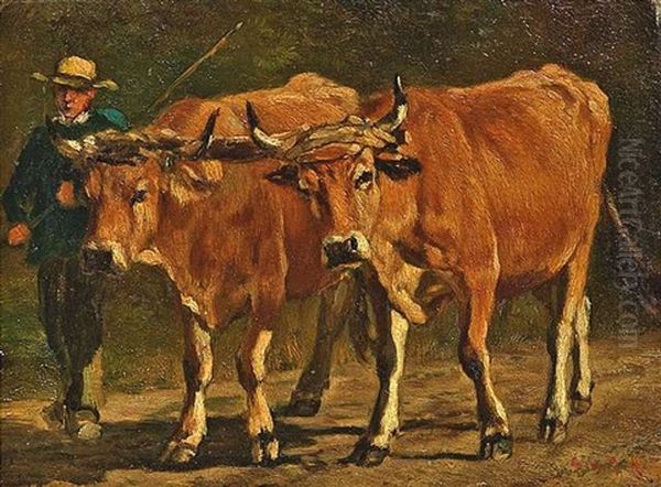 Ein Bauer Treibt Zwei Ochsen An Oil Painting by Emile Van Marcke De Lumman