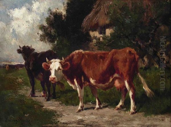 Deux Vaches Devant Une Ferme Oil Painting by Emile Van Marcke De Lumman