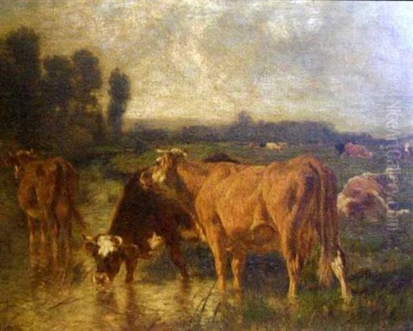 Cows At A Watering Spot, Others Lying In A Pasture In The Background Oil Painting by Emile Van Marcke De Lumman
