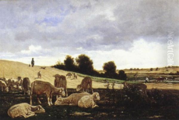 Berger Et Ses Moutons Oil Painting by Emile Van Marcke De Lumman