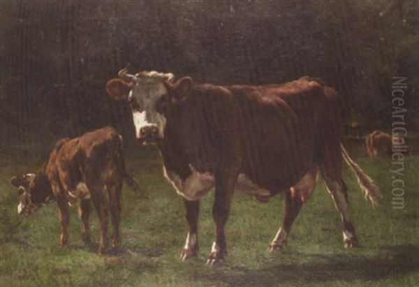 Cows In A Pasture Oil Painting by Emile Van Marcke De Lumman