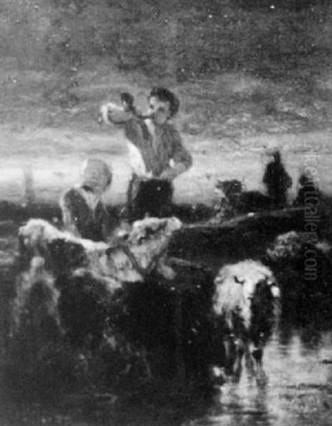 Figures And Animals By The River Oil Painting by Emile Van Marcke De Lumman