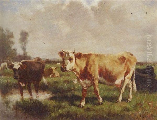 Country Landscape With Cows Oil Painting by Emile Van Marcke De Lumman