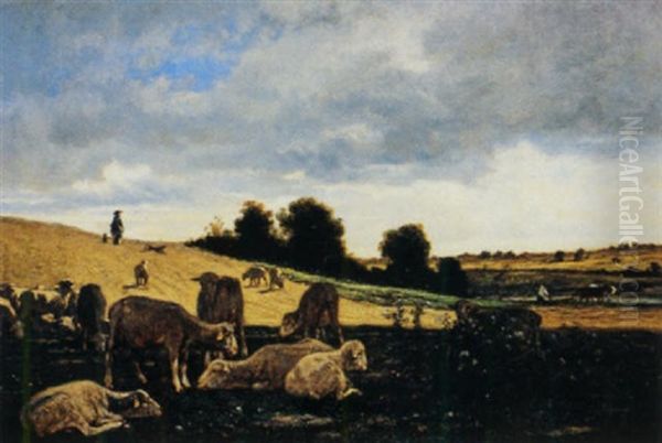 Troupeau De Moutons A L'abri Du Soleil Oil Painting by Emile Van Marcke De Lumman