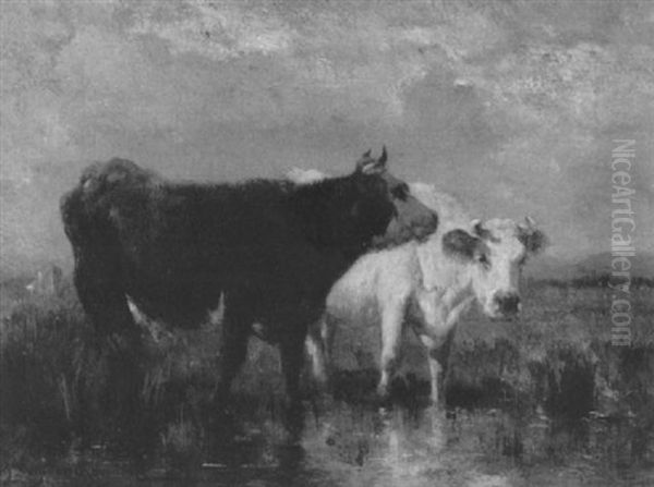 Cows Watering In A Pond Oil Painting by Emile Van Marcke De Lumman