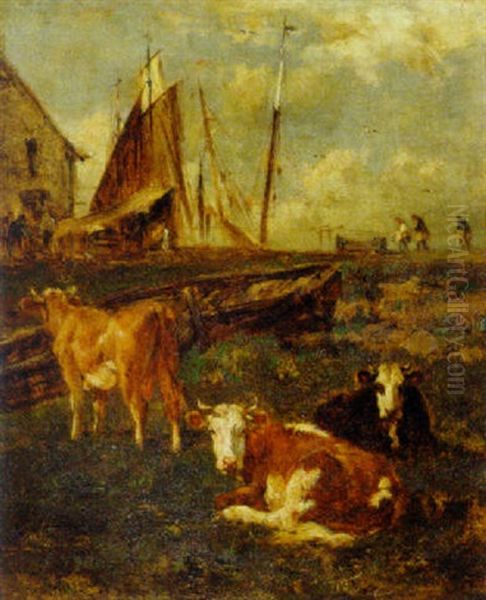 Cattle Near A Harbor Oil Painting by Emile Van Marcke De Lumman