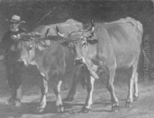 Bauer Mit Zwei Ochsen Auf Einem Feldweg Oil Painting by Emile Van Marcke De Lumman