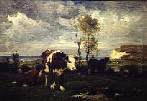 Coastal Landscape With Cows Oil Painting by Emile Van Marcke De Lumman