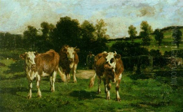 Cows In A Pasture With A Herder Beyond Oil Painting by Emile Van Marcke De Lumman
