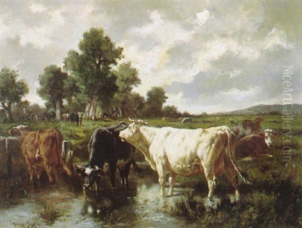 Cattle Drinking At A Pool In An Extensive Landscape Oil Painting by Emile Van Marcke De Lumman