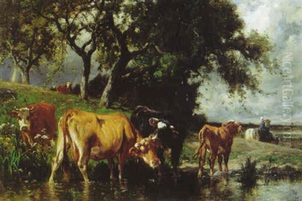 Cows Resting In A Stream Oil Painting by Emile Van Marcke De Lumman