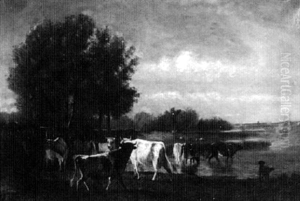 Cattle Grazing By A Marsh Oil Painting by Emile Van Marcke De Lumman