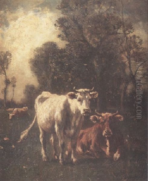 Cattle In A Pasture With Two Cows Resting In The Foreground Oil Painting by Emile Van Marcke De Lumman
