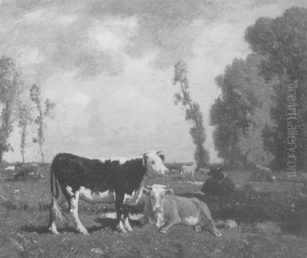 Cows In A Field Oil Painting by Emile Van Marcke De Lumman