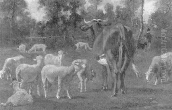 Schafherde Mit Kuh Auf Der Weide Oil Painting by Emile Van Marcke De Lumman