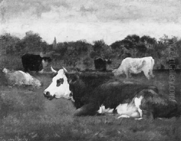 Rinder Auf Der Weide Oil Painting by Emile Van Marcke De Lumman