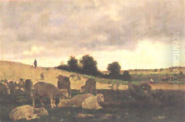 Hugelige Landschaft Mit Schafherde Oil Painting by Emile Van Marcke De Lumman