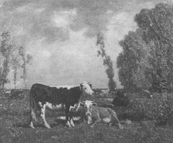 Cattle Resting In A Field Oil Painting by Emile Van Marcke De Lumman