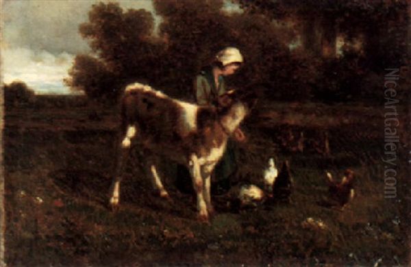 Feeding The Chickens Oil Painting by Emile Van Marcke De Lumman