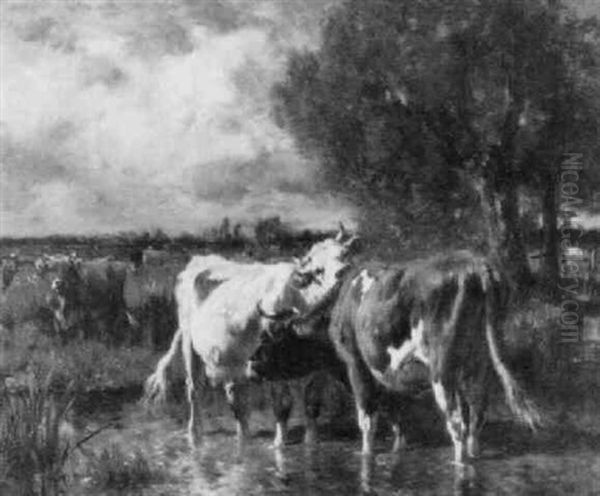 Vaches Dans Un Ruisseau Oil Painting by Emile Van Marcke De Lumman