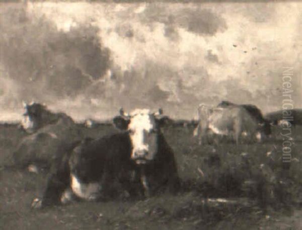 Cows Resting Oil Painting by Emile Van Marcke De Lumman