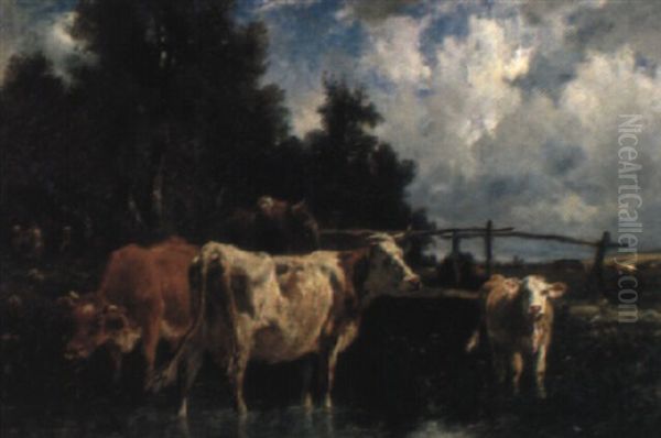 Kuhe An Der Tranke Oil Painting by Emile Van Marcke De Lumman