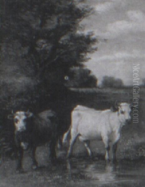 Cattle Standing At Pasture Oil Painting by Emile Van Marcke De Lumman