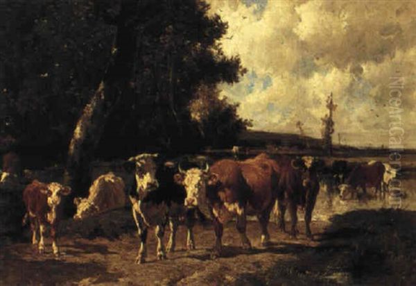 A Herd Of Cows On A Country Path Oil Painting by Emile Van Marcke De Lumman