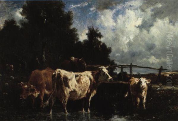 Kuhe Am Flus Oil Painting by Emile Van Marcke De Lumman