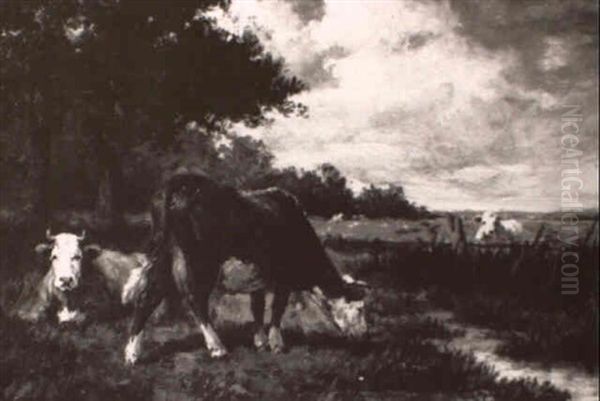 Cows At Pasture Oil Painting by Emile Van Marcke De Lumman