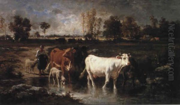 Cattle In A Landscape Oil Painting by Emile Van Marcke De Lumman