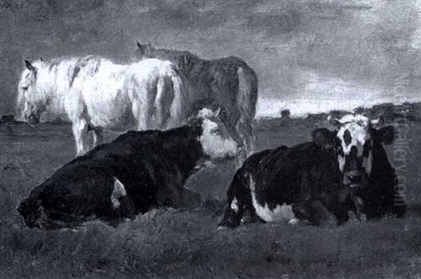 Cows And Horse In A Pasture Oil Painting by Emile Van Marcke De Lumman
