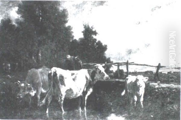 Cows In A Landscape Oil Painting by Emile Van Marcke De Lumman
