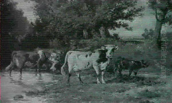 Kuhe An Der Tranke An Einem Kleinen Teich Oil Painting by Emile Van Marcke De Lumman