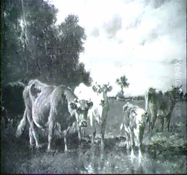 Kuhe Auf Der Weide Und An Einem Tumpel Vorn Oil Painting by Emile Van Marcke De Lumman