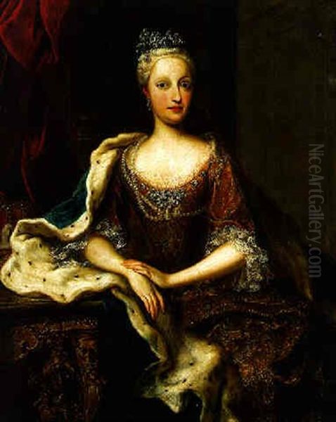 Portrait Of A Female Sovereign Seated With An Ermine-lined Velvet Cloak And Crown Oil Painting by George de Marees