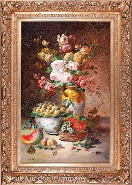 Still Life With Roses, Gooseberries, Melons And Peaches Oil Painting by Joseph Marguerite
